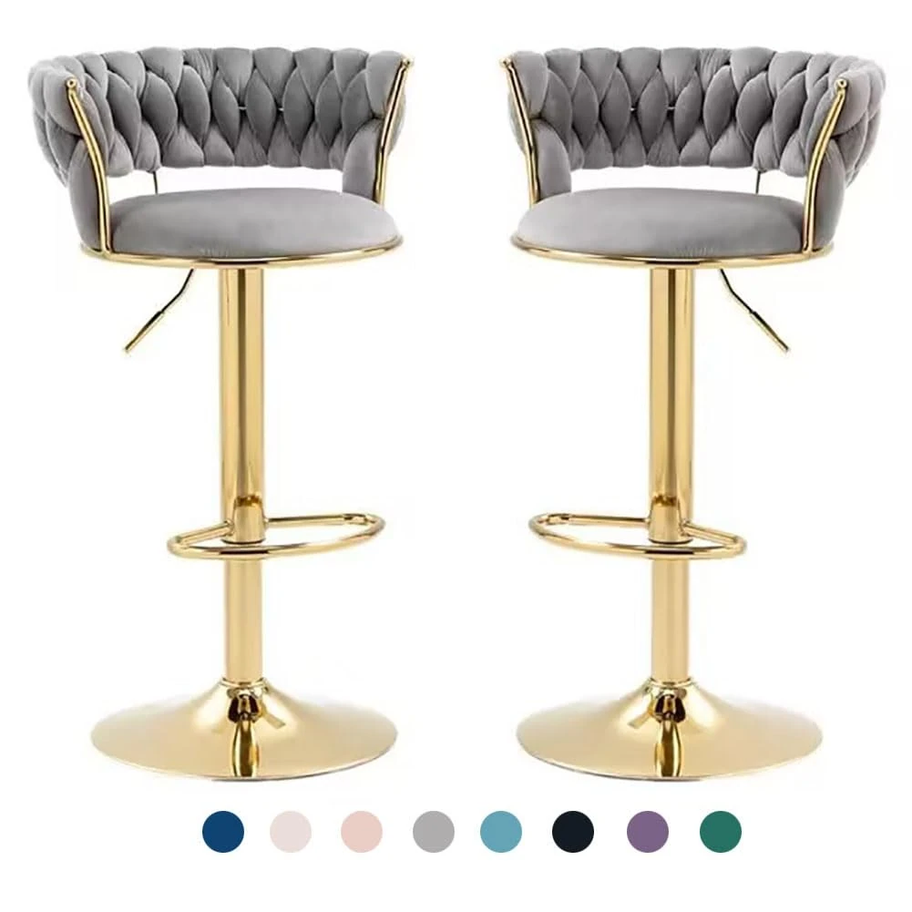 schenke Adjustable Bar Stools with Back Set of 2,Luxurious Gold Counter Height Barstool with Velvet Cushion Swivel Bar Stool for Kitchen Island(21.6-30in, Gray)