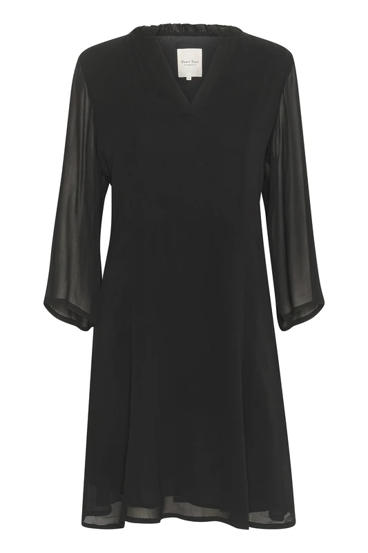 Part Two Women's Dress Chiffon Above Knee Length Regular Fit V-Neck 3/4 Sleeves, Black, 14