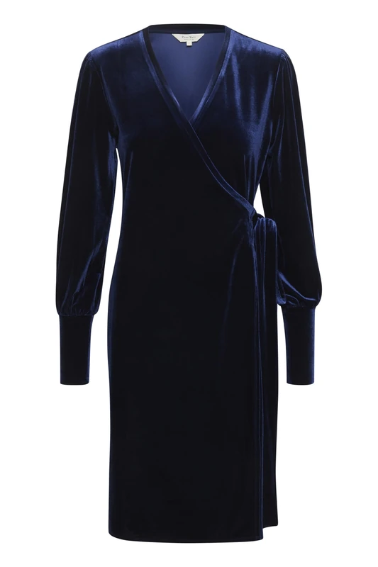 Part Two Women's Wrap Dress Velvet Long Sleeves Above Knee Length V-Neck, Midnight Sail, M