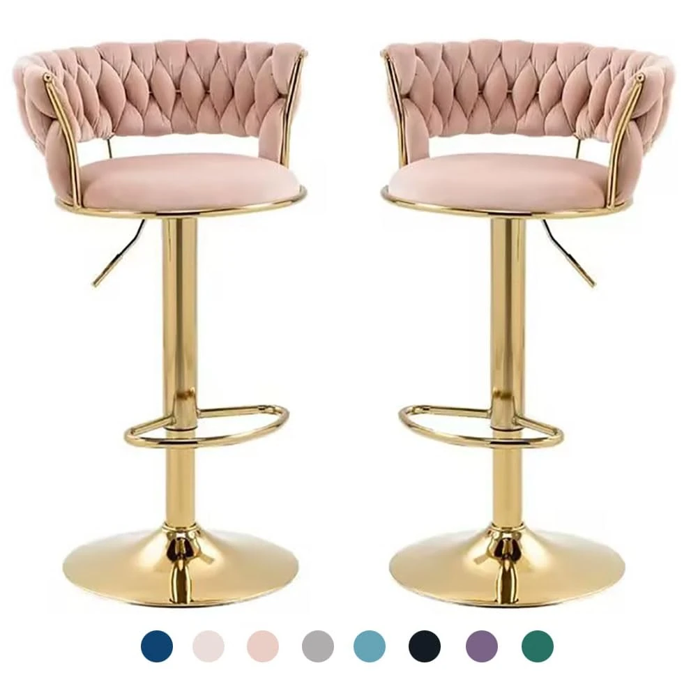 schenke Adjustable Bar Stools with Back Set of 2,Luxurious Gold Counter Height Barstool with Velvet Cushion Swivel Bar Stool for Kitchen Island(21.6-30in, Pink)