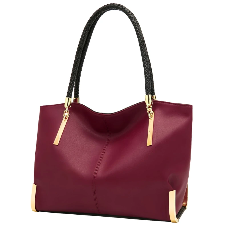 FOXLOVER Large Capacity Tote Handbags for Women, Genuine Leather Ladies Top-handle Bags Fashion Shoulder Bags Purses, Wine Red - Matte