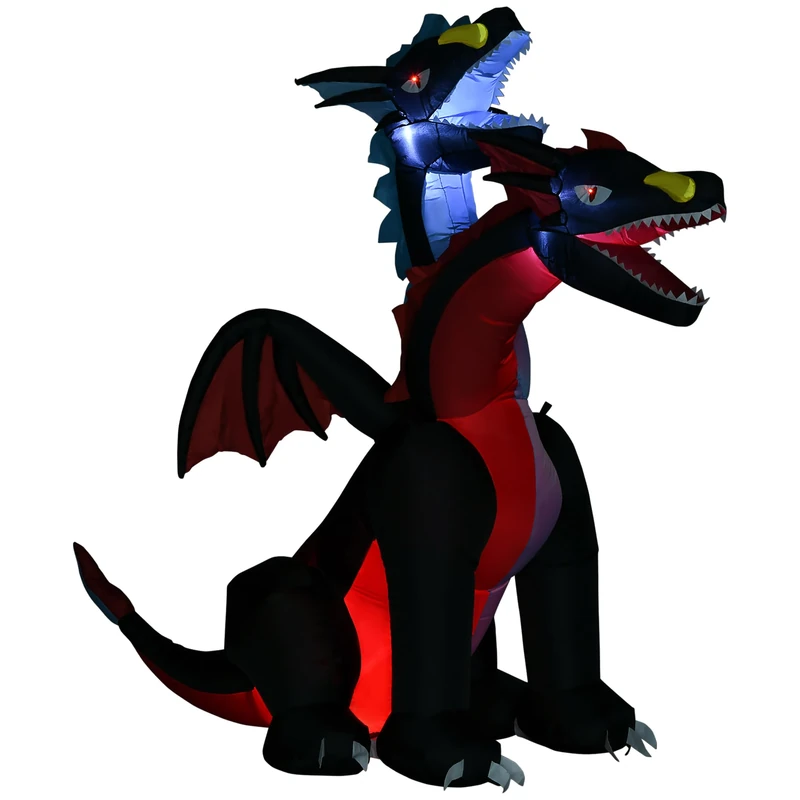 HOMCOM 7FT Tall Halloween Inflatable Dragon with 2 Heads and LED Lights