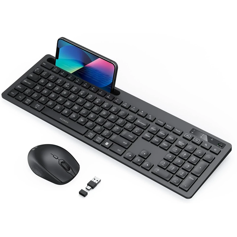 Wireless Keyboard and Mouse Set, Wireless Keyboard Mouse Combo with USB A and USB C Receiver, Full Size Keyboard with Phone Holder Compatible with Macbook Air/Pro Windows PC/Desktop/Laptop, Black