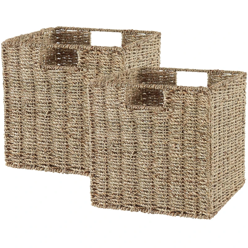 Vagusicc Storage Basket, Set of 2 Handwoven Seagrass Storage Baskets, Foldable Wicker Storage Basket 9 Inch Cube Storage Bin for Shelves Laundry Organizer Square Shelf Baskets, 9''x9''x9''