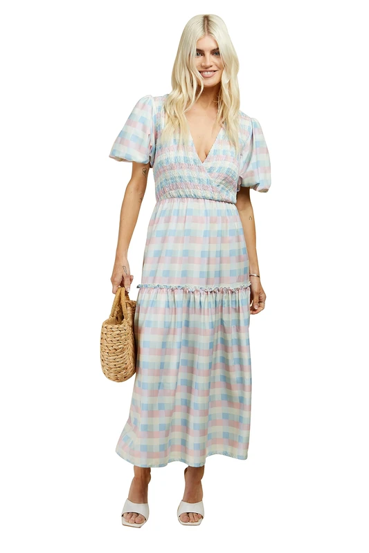 Little Mistress Women's Check Shirred Midaxi Casual Dress, Multicolor, 12