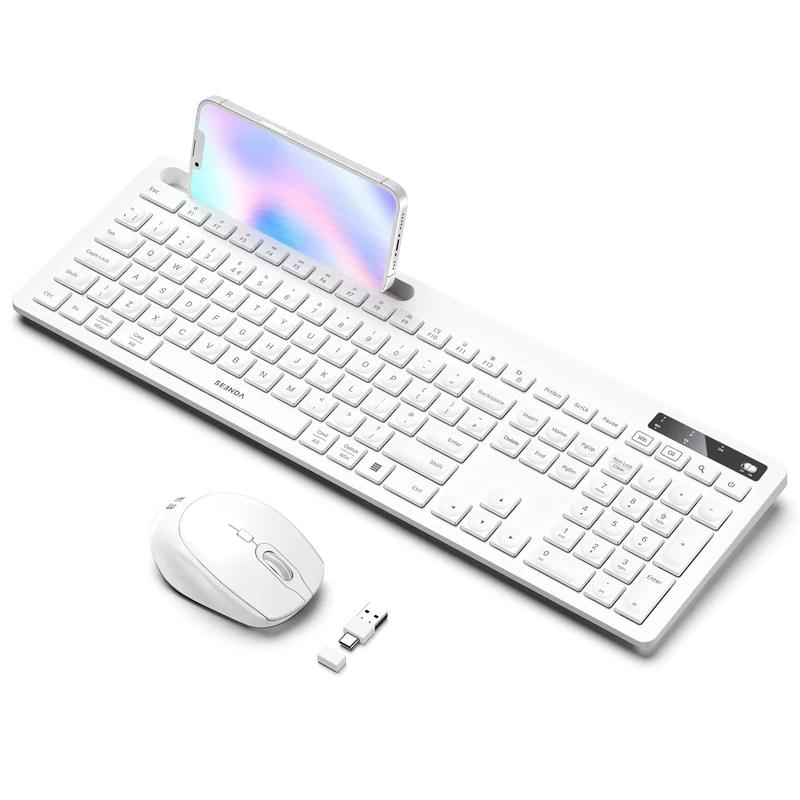 Wireless Keyboard and Mouse Set, Wireless Keyboard Mouse Combo with USB A and USB C Receiver, Full Size Layout with Phone Holder Compatible with Macbook Air/Pro Windows PC/Desktop/Laptop, White