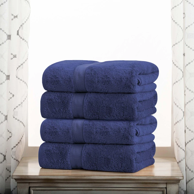 Superior Egyptian Cotton Pile Bath Towel Set of 4, Ultra Soft Luxury Towels, Thick Plush Essentials, Absorbent Heavyweight, Guest Bath, Hotel, Spa, Home Bathroom, Shower Basics, Navy Blue