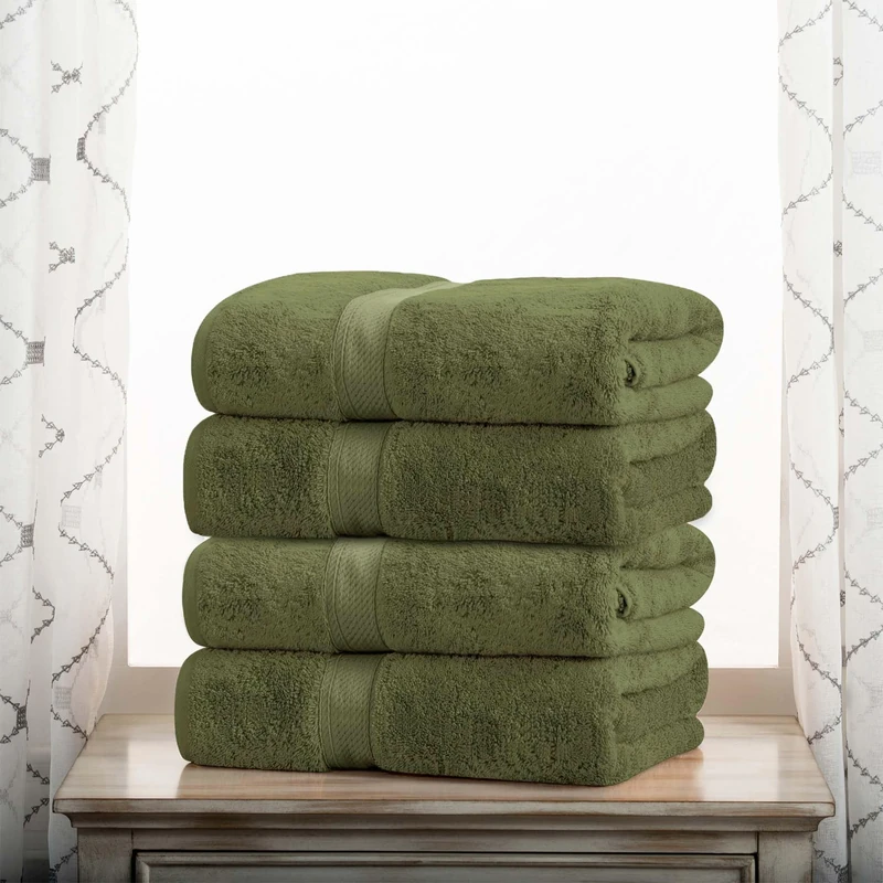 Superior Egyptian Cotton Pile Bath Towel Set of 4, Ultra Soft Luxury Towels, Thick Plush Essentials, Absorbent Heavyweight, Guest Bath, Hotel, Spa, Home Bathroom, Shower Basics, Forest Green