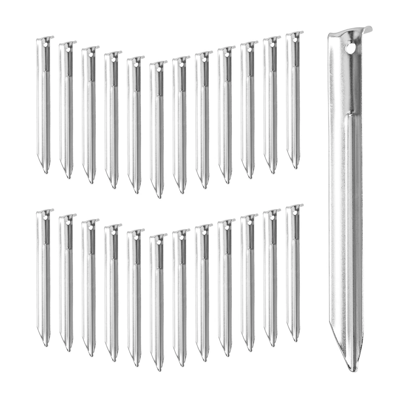 Relaxdays Tent Pegs Set of 25, Ground Anchor for Hard Soil, Camping, Rounded Hooks, Steel, Durable, 18x2x1.5 cm, Silver, 18 x 2 x 1.5 cm