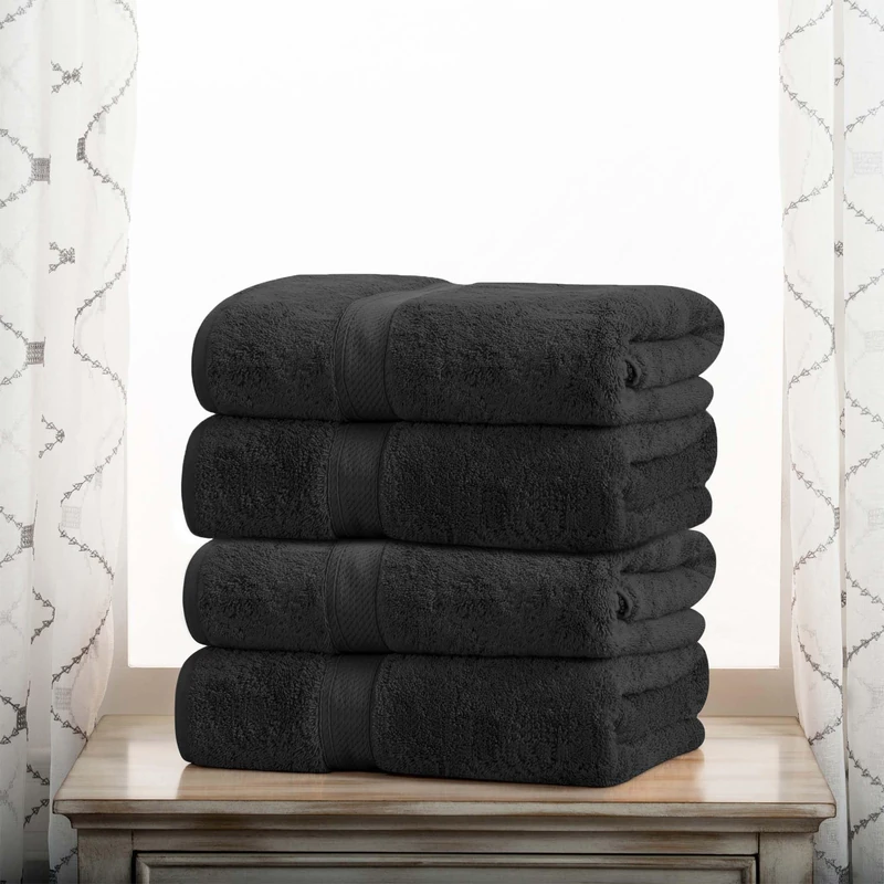 Superior Egyptian Cotton Pile Bath Towel Set of 4, Ultra Soft Luxury Towels, Thick Plush Essentials, Absorbent Heavyweight, Guest Bath, Hotel, Spa, Home Bathroom, Shower Basics, Black