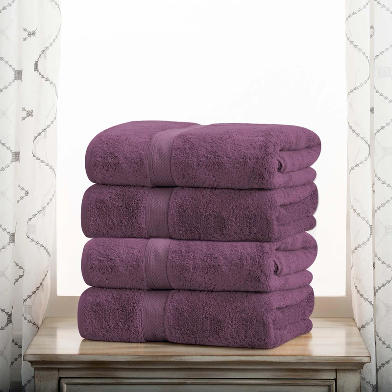Superior Egyptian Cotton Pile Bath Towel Set of 4, Ultra Soft Luxury Towels, Thick Plush Essentials, Absorbent Heavyweight, Guest Bath, Hotel, Spa, Home Bathroom, Shower Basics, Plum