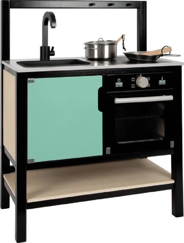 Small Foot Industrial Play Kitchen made of wood, play kitchen w/kitchen accessories, for kids aged 3+ years, 12433, Black, Turquoise