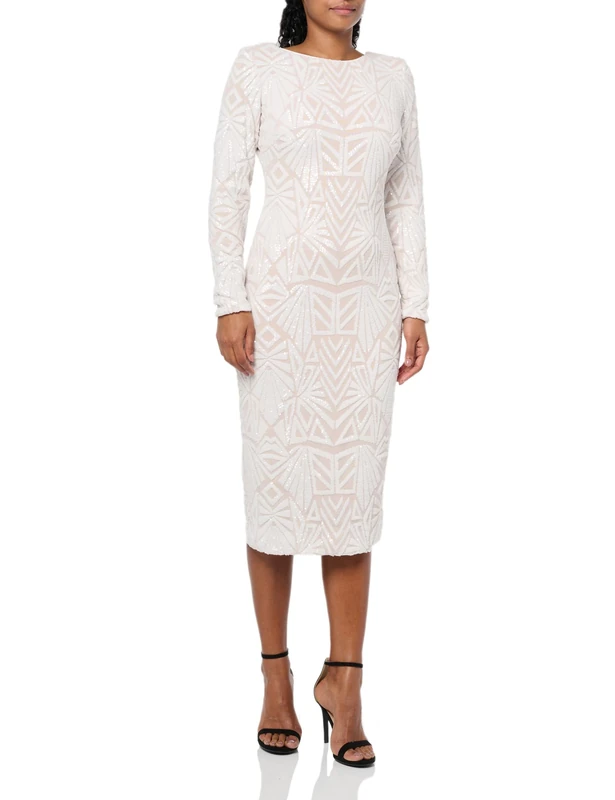 Dress the Population Women's Emery Long Sleeve Stretch Sequin Midi Sheath, White, XXL