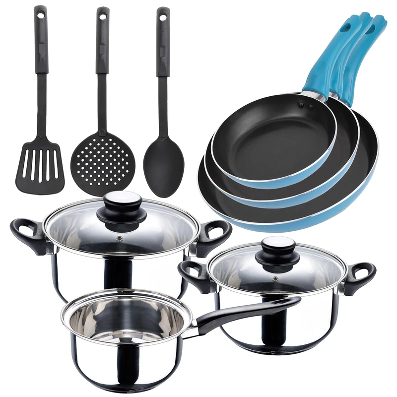 San Ignacio 5pc Palm Cookware Set in Stainless Steel + Set of 3 Pans (16/20/24 cm) with 3 Kitchen Utensils