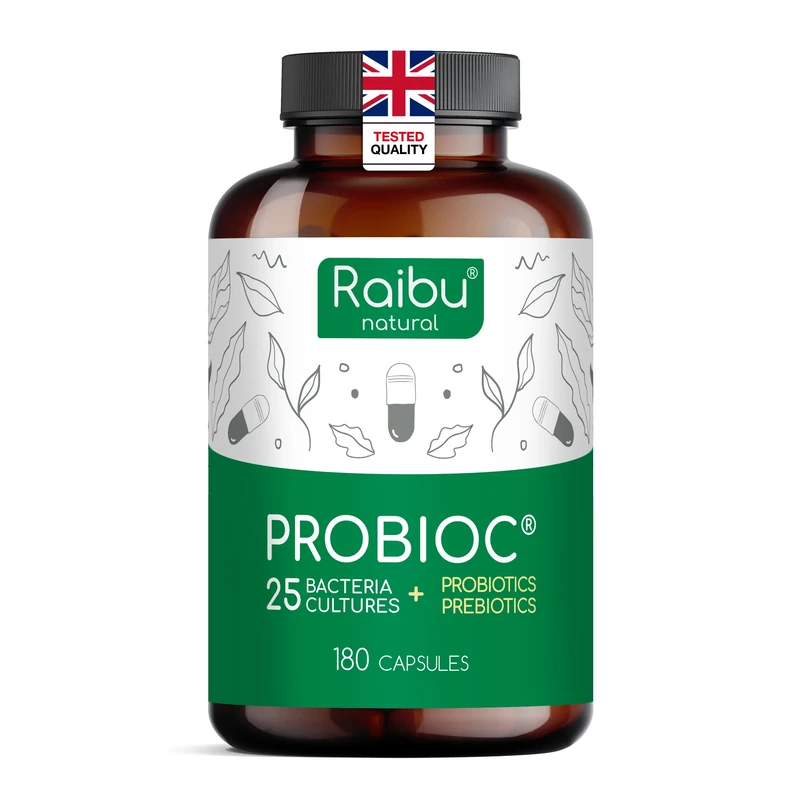 Raibu Probiotics for Gut Health - Probiotics & Prebiotics - 25 Bacterial Cultures - 180 Enteric Coated Capsules - 60 Billion CFU - Lactobacillus Acidophilus & Bifidobacterium - No additives & Vegan