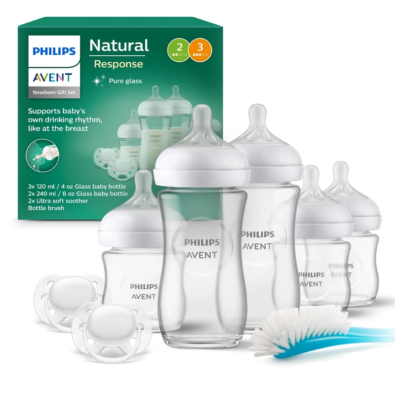 Philips Avent Natural Response Newborn Glass Gift Set - 5 x Baby Bottles, 2 x Philips Avent Ultra Soft Soother 0-6 Months, Bottle Brush, BPA Free (Model SCD879/11)