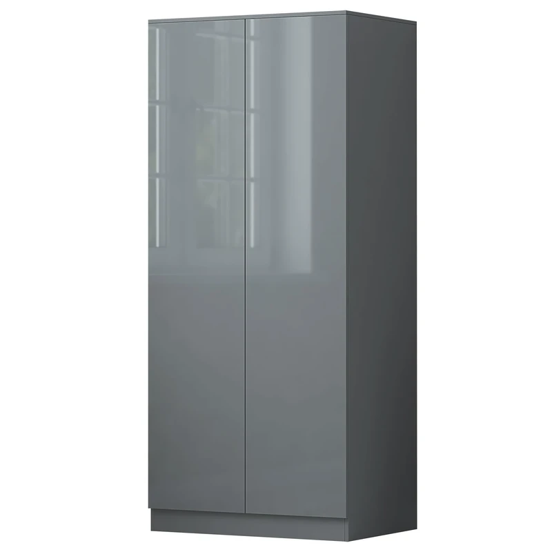 FWStyle Matt Grey 2 Door Wardrobe with Grey Gloss Doors, Scandinavian Modern Bedroom Storage Furniture with Push to Open Handleless Design and Soft Close Hinges, W80 x H180 x D60cm