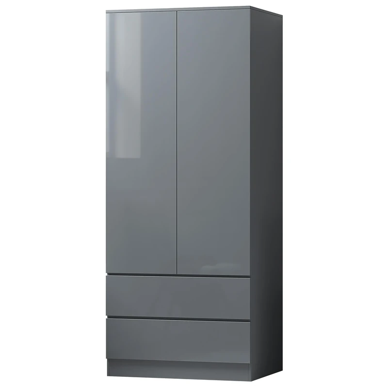 FWStyle Matt Grey With Grey Gloss Doors 2 Door 2 Drawer Combination Wardrobe, Scandinavian Bedroom Nursery Storage with Handleless Design, Hanging Rail and Soft Close Hinges, W80 x H180 x D50cm