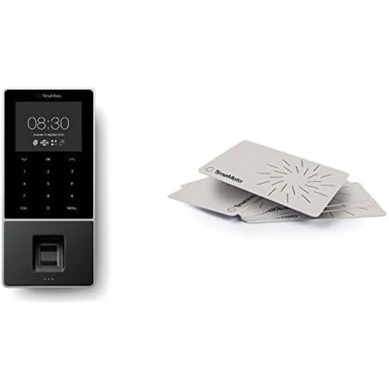 TimeMoto TM—828 SC and RF-100 Employee Clocking In System. Biometric Fingerprint Scanner, RFID, DESFire/MIFARE, PIN, up to 2.000 Users, Timesheets, Mobile App and 25 RFID blocking badge.