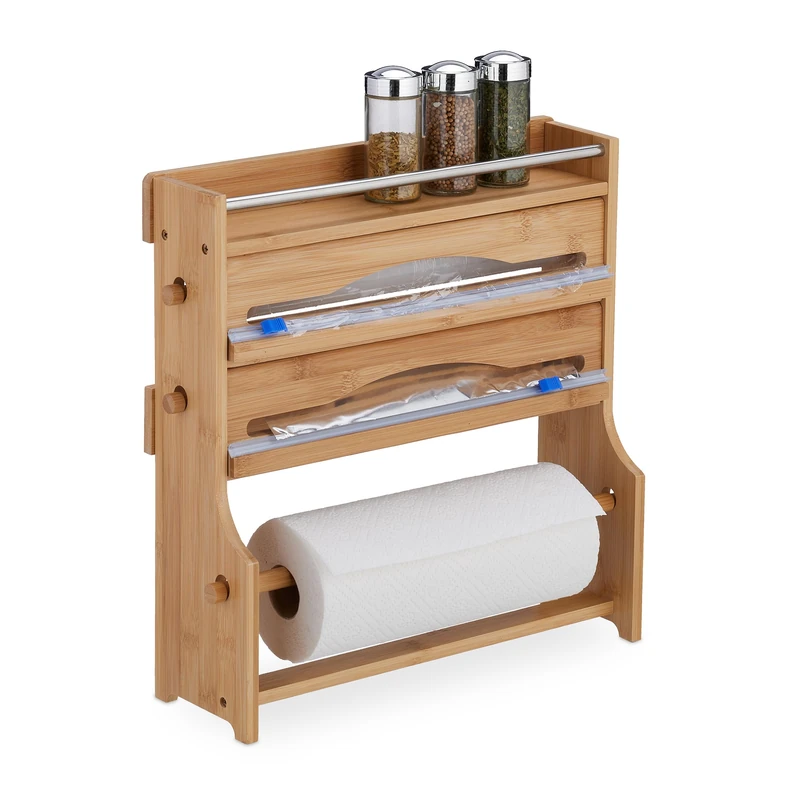 Relaxdays 3-in-1 Roll Holder, for Aluminium Foil, Cling Film, Paper Towels, Spice Rack, Bamboo, 40x40x11.5 cm, Natural