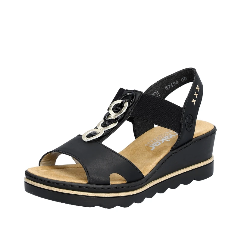 Rieker Medal Womens Wedge Heel Sandals 8 UK Black/Light Gold