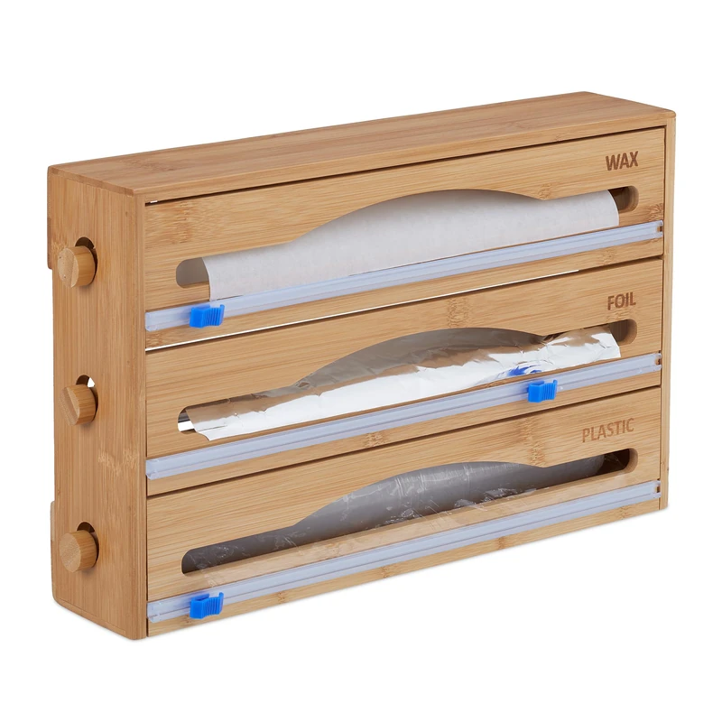 Relaxdays Foil Dispenser 3-in-1, for Wall or Drawer, HWD: 23.5 x 39 x 9 cm, Bamboo, Sliding Cutter, Kitchen, Natural