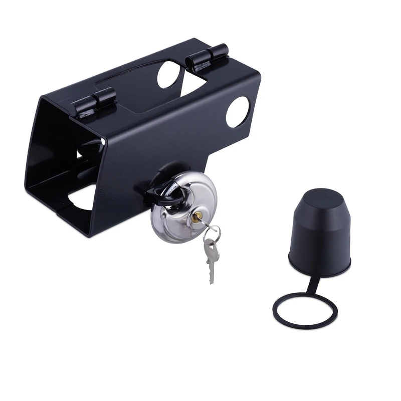 Relaxdays Trailer Lock, Theft, Uncoupled & Coupled, Protective Cap, Including 2 Keys, 9x20x10 cm, Black, Steel