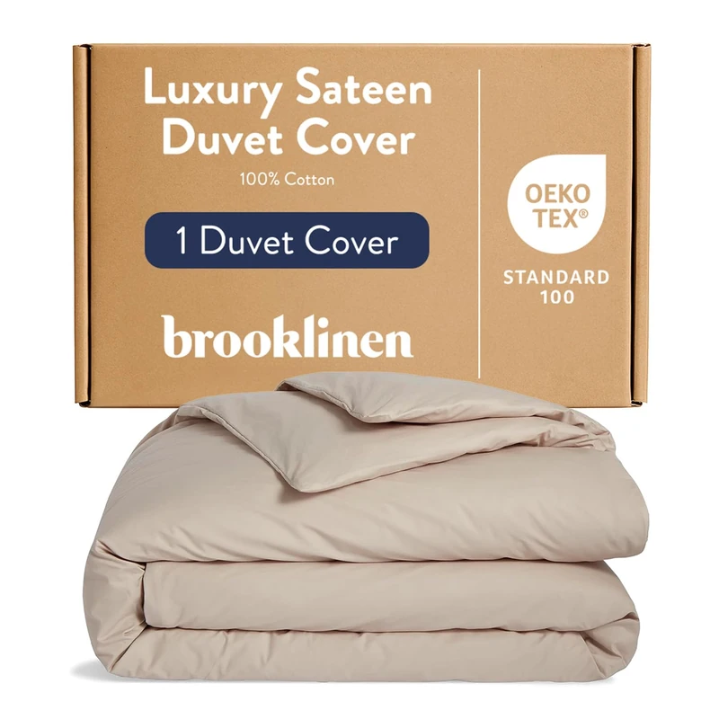 Brooklinen Luxury Sateen Duvet Cover - 100% Cotton, King/California King Size in Pebble with Extra-Long Corner Ties and Button Closure - Best King/Cali King Duvet Covers