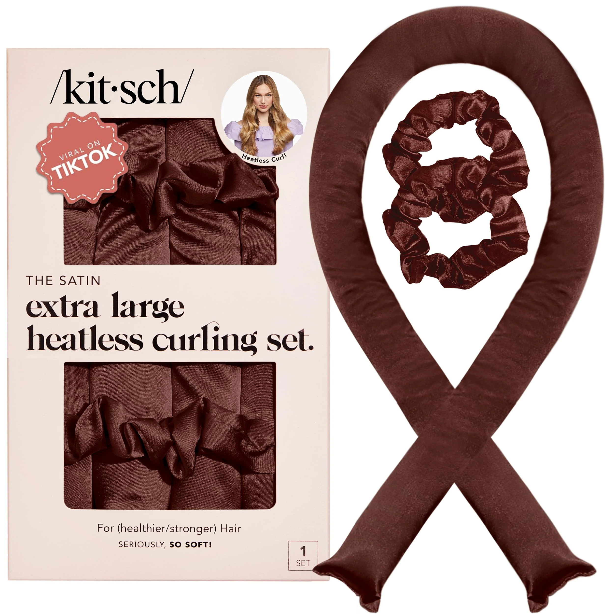 Kitsch Satin XL Jumbo Heatless Curling Set - Heatless Hair Curler To Sleep In, Heat Free Curls Overnight for Frizz-Free, Soft Curls - For All Hair Types - Includes Two Scrunchies - Chocolate