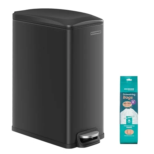 SONGMICS Kitchen Bin 48L, Slim Pedal Bin for Narrow Spaces, Rubbish and Waste Bin with Soft-Close Lid and Inner Bucket, Steel, 15 Rubbish Bags Included, Black LTB510B4802