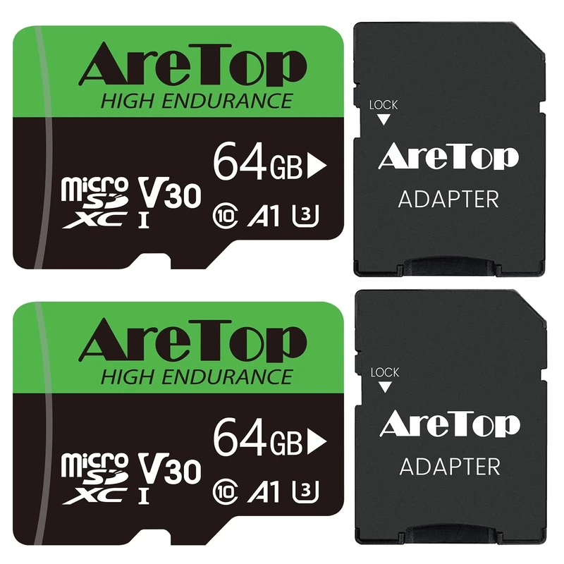 Aretop 64GB Micro SD Card 2 Pack, MicroSDXC with SD Adapter,A1,C10,U3, V30,UHS-I,Read Speed Up to 90MB/s,Micro Memory Card 4K Full HD Video Recording for Tablette/Drone/Dash Cam/Camera/Phone/Switch