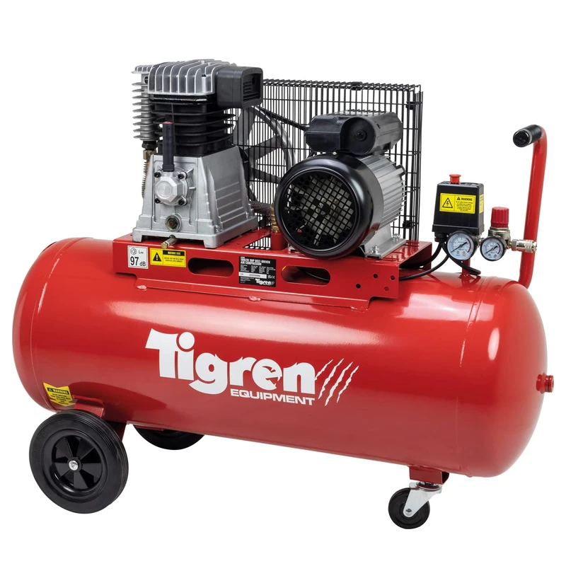 TIGREN Belt Drive Air Compressor, Twin Cylinder Oil-Lubricated 230V 13A, 100L, 3hp / 2.2kW, 150psi / 10 Bar 14CFM 97dB