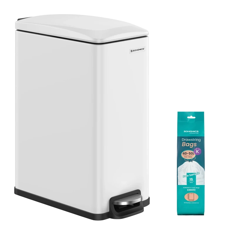 SONGMICS Kitchen Bin 48L, Slim Pedal Bin for Narrow Spaces, Rubbish and Waste Bin with Soft-Close Lid and Inner Bucket, Steel, 15 Rubbish Bags Included, White LTB510W4802