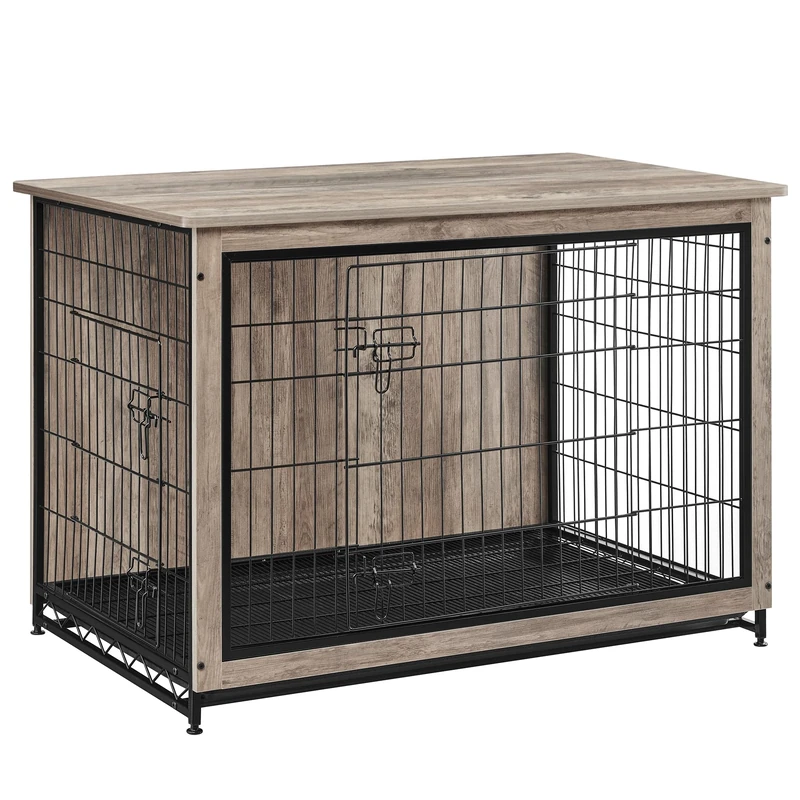 Feandrea Dog Crate Furniture, Side End Table, Modern Indoor Dog Cage for Dogs up to 36 kg, Heavy-Duty Dog Kennel with Multi-Purpose Removable Tray, Double Doors, Greige PFC004G01