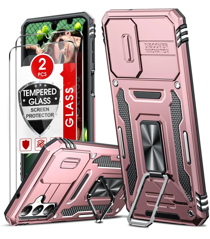 LeYi Armour Case for Samsung Galaxy A14 4G / A14 5G, Samsung A 14 Case with Camera Lens Cover Slider, Ring Stand Holder Military Grade Protective Shockproof Phone Cover for Galaxy A14 Rose Gold