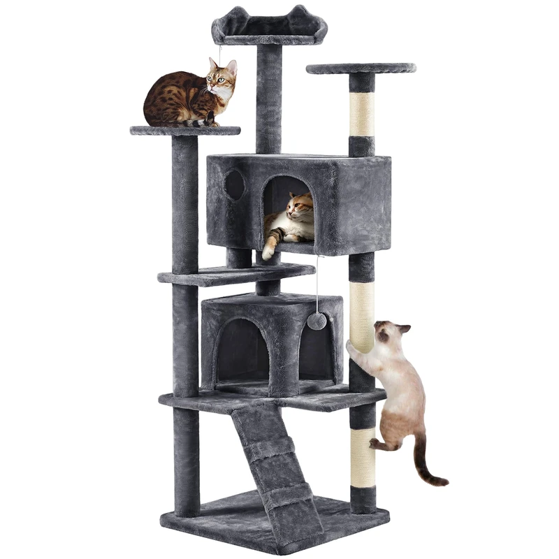Yaheetech Tall Cat Tree, 178cm Cat Tower w/Scratching Posts, 2 Caves, Perched Platform and 2 Dangling Balls Stable Pet Furniture, Dark Grey