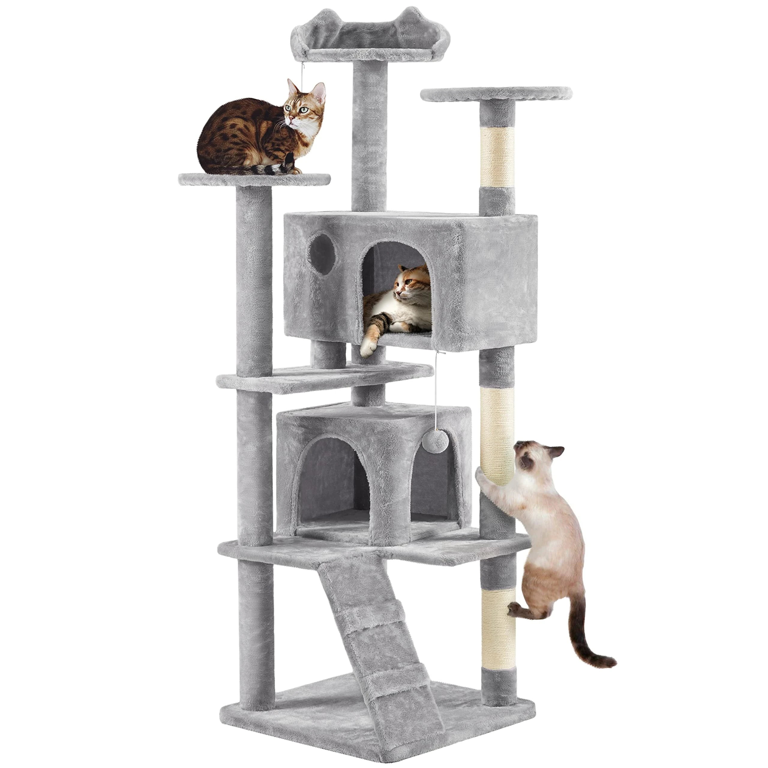 Yaheetech Large Cat Tree, 178cm Cat Tower w/Scratching Posts, 2 Condos, Perched Platform and 2 Dangling Balls Stable Pet Furniture, Light Grey