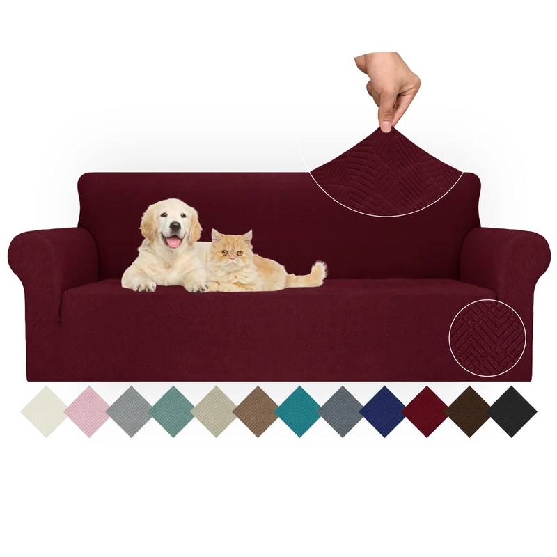 JIVINER Stretch Oversized Sofa Covers 1 Piece 4 Seater Couch Covers Jacquard Universal Sofa Slipcovers for Extra Large Funiture Protector for Kids, Pets (X Large, Wine Red Rhomb)