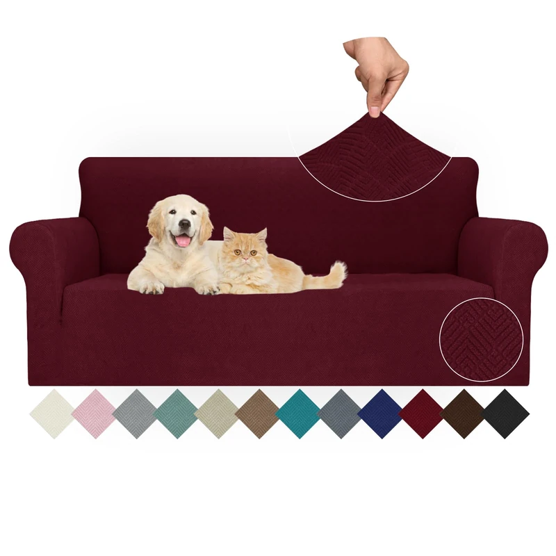 JIVINER Stretch Sofa Covers 1 Piece Couch Covers for 3 Cushion Couch Sofa, 3 Seater Sofa Slipcovers Furniture Protector with Elastic Bottom for Kids, Pets (Large, Wine Red Rhomb)