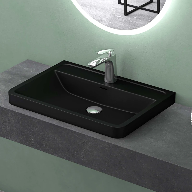 Mai & Mai Colossum08 Built-in Washbasin 90 cm Rectangular Mineral Cast Wash Basin Matt Black with Overflow