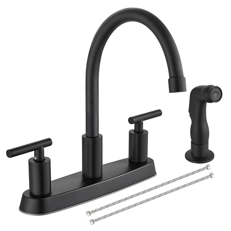 Cinwiny Kitchen Faucets with Side Sprayer, High Arc 360° Rotating Spout Kitchen Sink Faucet Matte Black 2-Handle 8 Inch Centerset Kitchen Faucet with Supply Lines