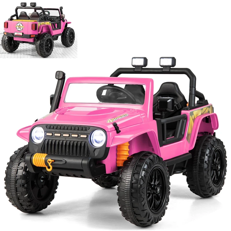 GYMAX Kids Ride on Car, 12V Battery Powered Car with Remote Control, Lights, Music, Horn, Storage Box, Safety Belt & Slow Start, Children Electric Truck for 3 Years Old +, Max Weight 100kg (Pink) - Image 1