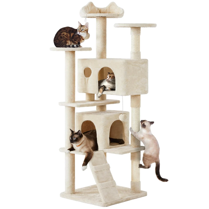 Yaheetech Cat Tree, 178cm Cat Tower w/Scratching Posts, 2 Condos, Perched Platforms and 2 Dangling Balls Pet Furniture, Beige