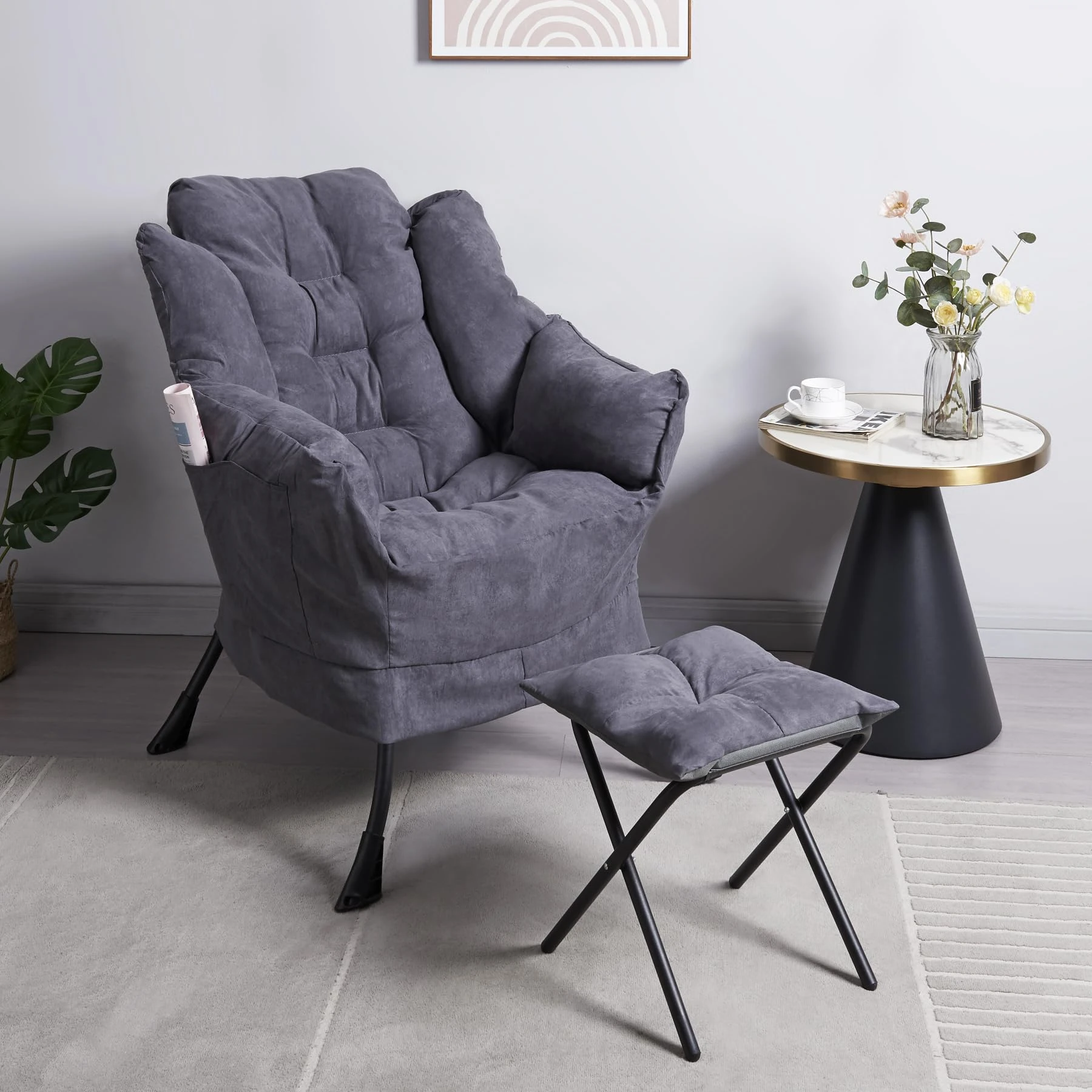 Panana Dark Grey Armchair Accent Chair Lazy Chair Lounge Chair with Armrests and Footstool