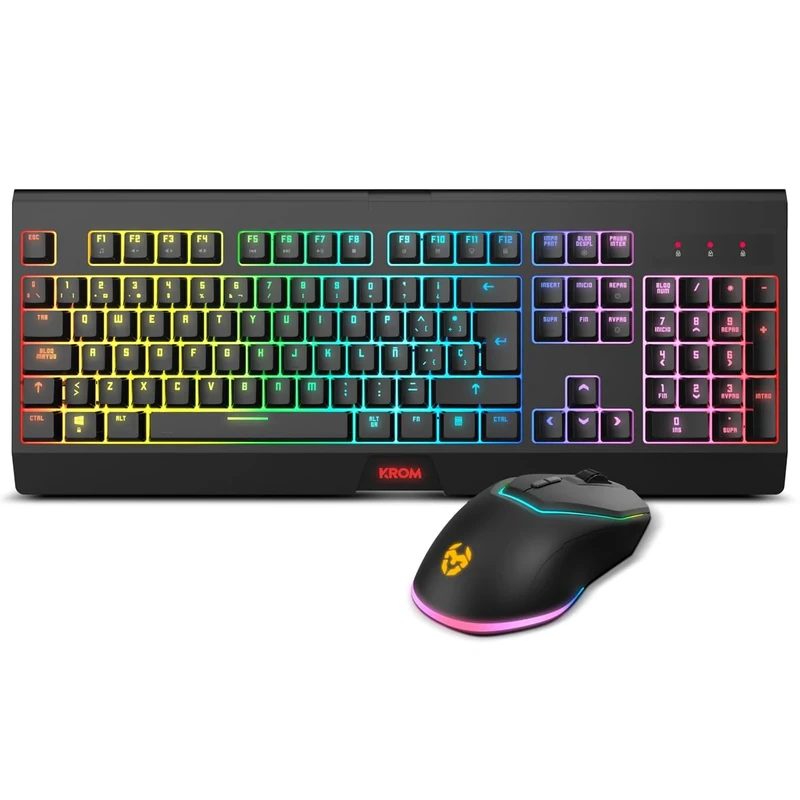 KROM KABALA Rainbow RGB Backlit Membrane Wireless Keyboard Kit, 6 Keys Anti-Glare Wireless Optical Mouse 6 Levels DPI 800-4800 On the Fly, Spanish Layout Black - Image 1