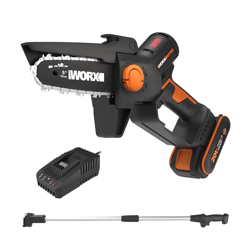WORX Nitro WG325E.1 Mini Chainsaw 20 V, Single-Handed Chainsaw, Brushless Motor, 12 cm Blade Length, Includes PowerShare Battery, Charger and 125 cm Extension Rod