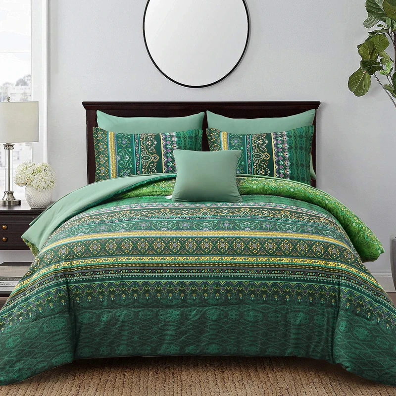 Boho Green Comforter Set King Size,8 Piece Bed in a Bag Bohemian Striped Bedding Quilt Set,Dark Green Paisley Floral Comforter and Sheet Set,Soft Microfiber Complete Bedding Sets for All Season