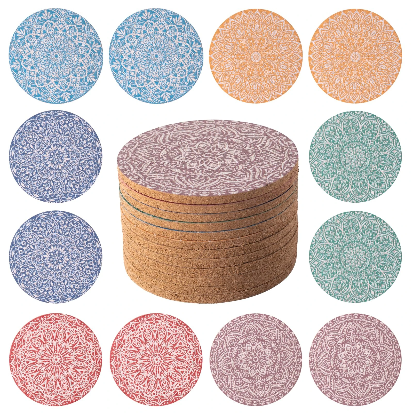 STARUBY 12 Pcs Cork Coasters, Coasters for Drinks, for Coffee Table, for Drinks Absorbent Kitchen Dining Room Decoration 10cm Round Flower2