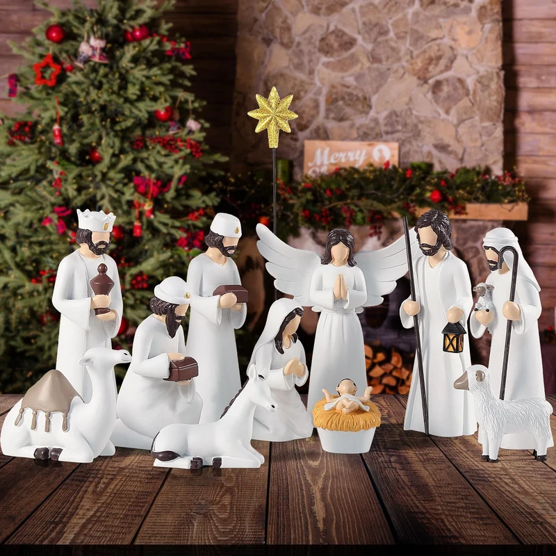 BCSmyer Elegant Nativity Set for Tabletop Decorations, 12 Pieces, 6.5 Inch Resin Nativity Scene Set Holy Family Statue (White)
