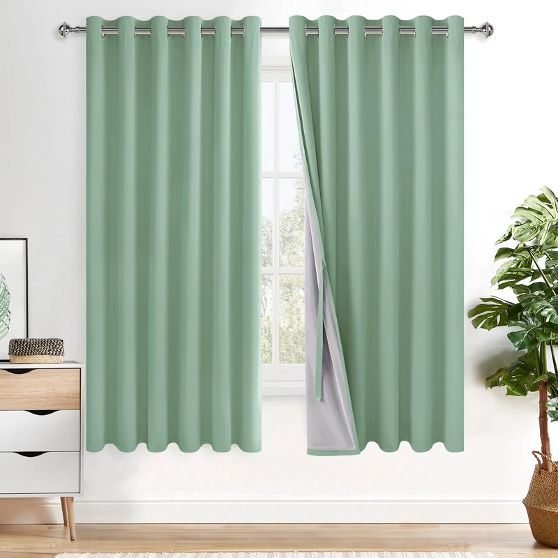 XWZO Full Blackout Curtains - Thermal Insulated Black Liner Curtains, Noise Reducing and Heat Blocking Drapes for Hall and Studio Large Windows with Tiebacks, Light Sage, W70 x L63, Set of 2